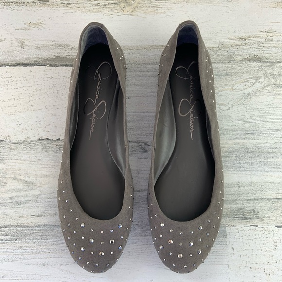 JESSICA SIMPSON Grey Suede Rhinestone Flats 10M - Picture 2 of 7
